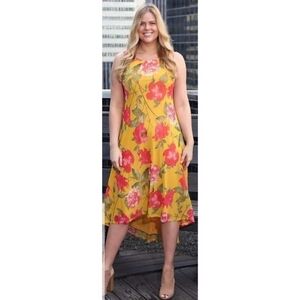 Nina Leonard Mesh Overlay Mustard Floral High Low Dress